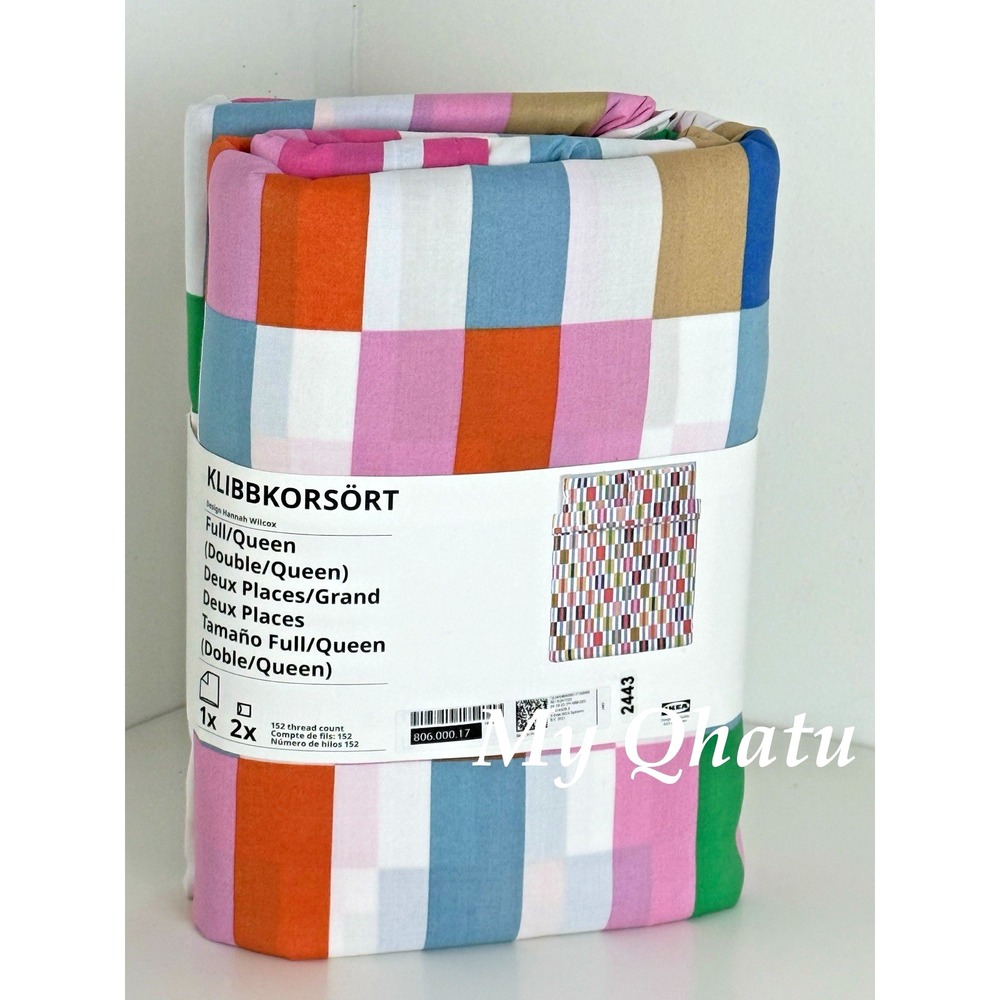 Ikea KLIBBKORSORT Full/Queen Duvet cover + 2 pillowcases multicolor NEW